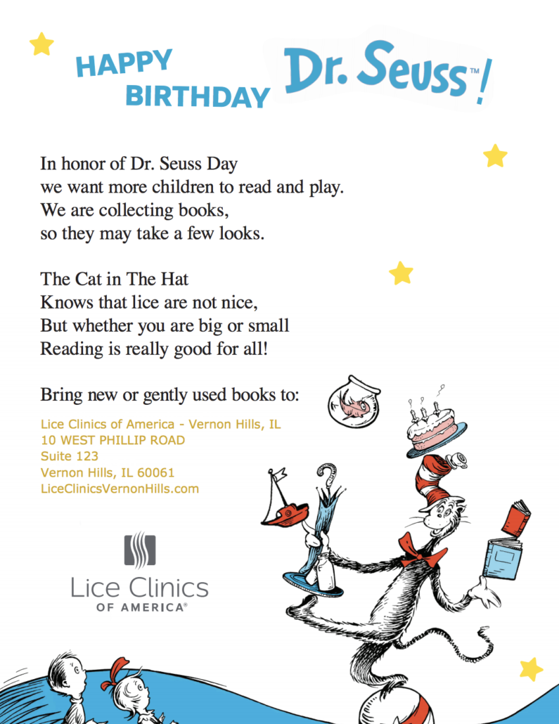 Screen Shot 2018-03-13 at 11.43.22 AM Lice Clinics of America Vernon Hills wishes Dr. Seuss a happy birthday with a book drive